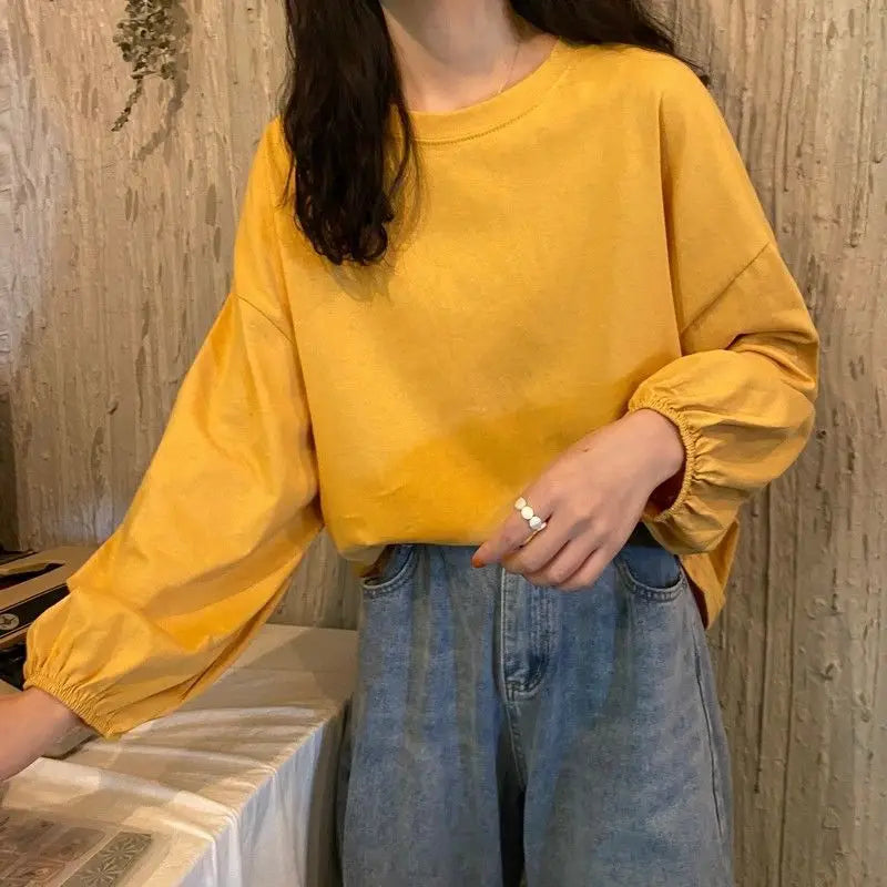 Hnewly Pure Cotton Tops Autumn Korean Lantern Puff Sleeve T-shirt Aesthetic Women's T Shirts Winter Woman Tshirts Clothing Long