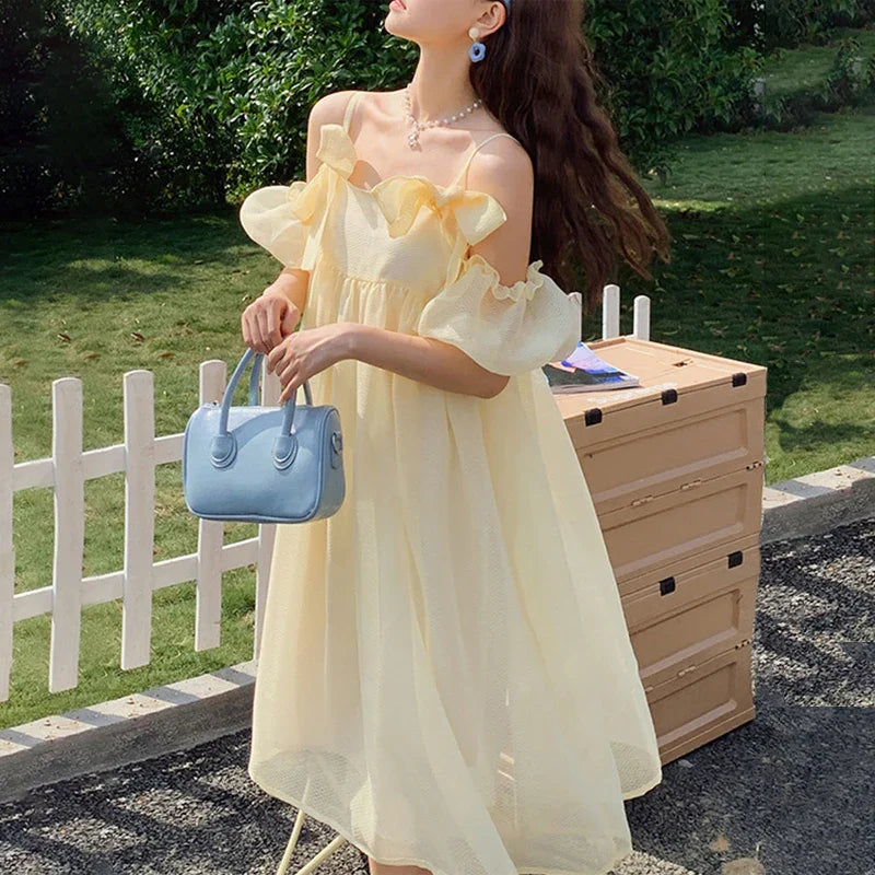 xsrrr DRESS TO IMPRESS Summer Vintage Yellow Strap Dress Women Sweet Off Shoulder Ruffle Fairy Dress Female Elegant Evening Party Ladies Dress New