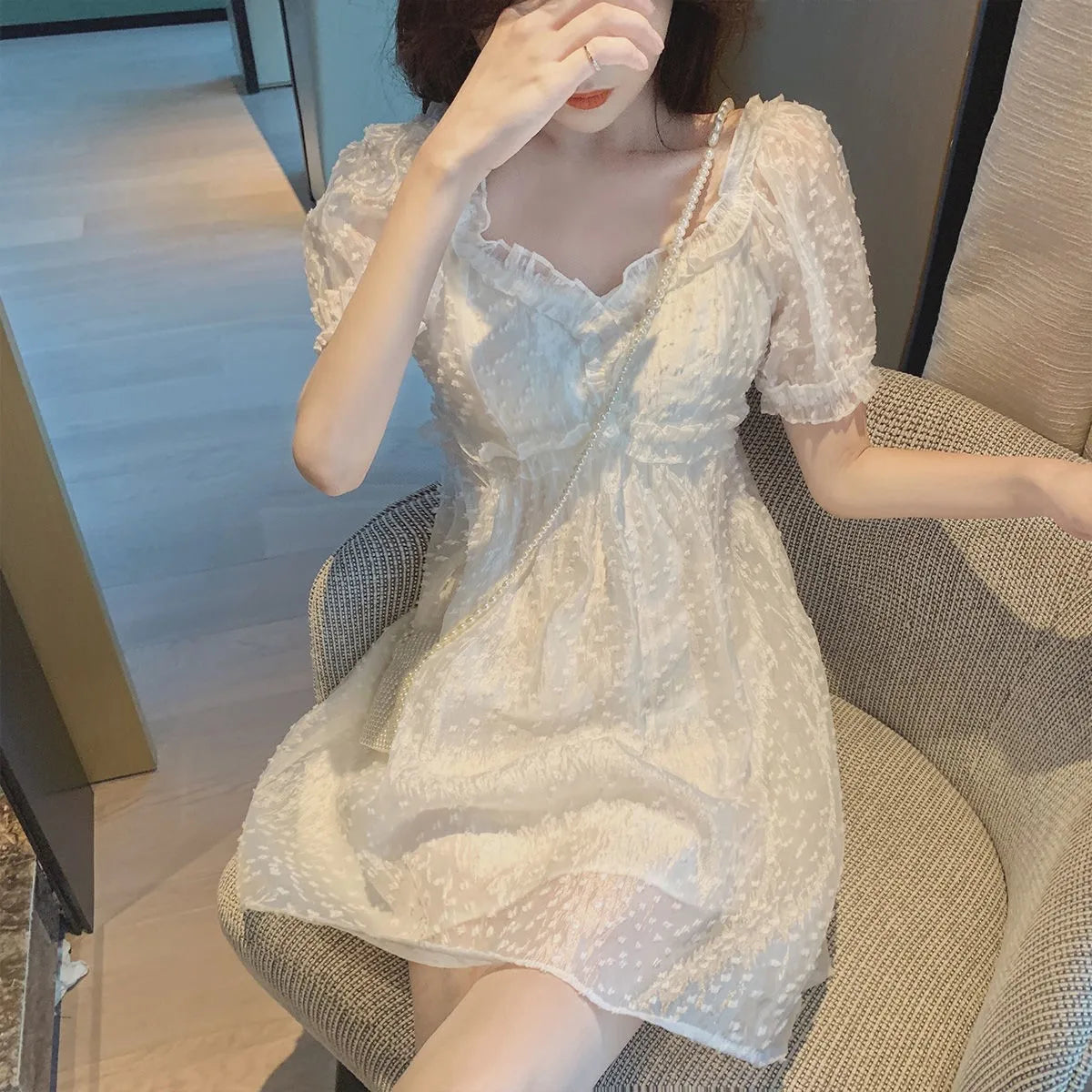 xsrrr DRESS TO IMPRESS Summer Chiffon Lace Fairy Dress Women Backless Design Puff Sleeve Party Mini Dress Female Patchwork Korean One-piece Dress