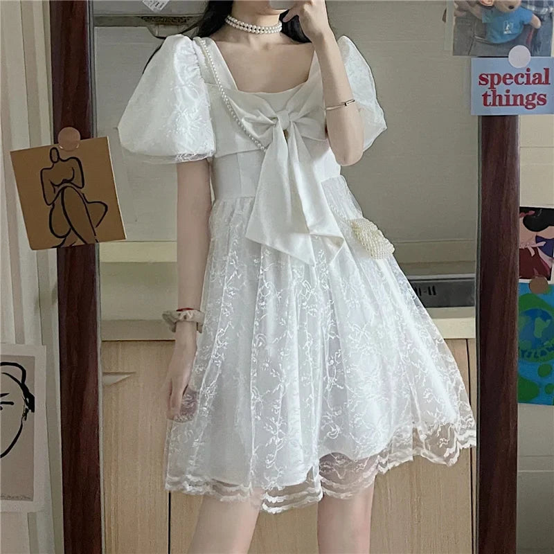 xsrrr DRESS TO IMPRESS Japanese Kawaii Fairy Dress Women Bow Patchwork Designer Sweet Lolita Dress Summer Elegant Evening Party One Piece Dress Korean