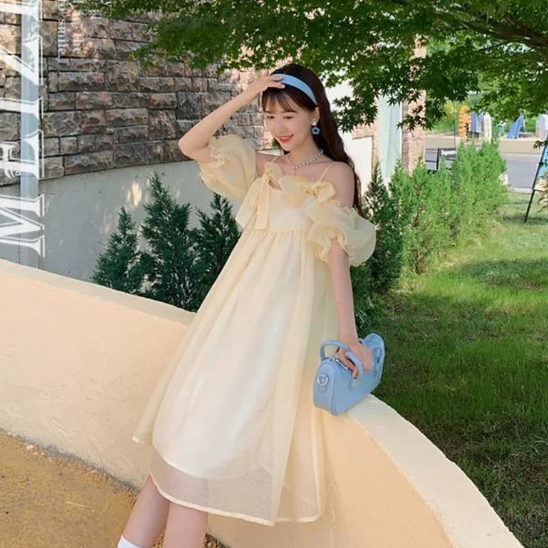 xsrrr DRESS TO IMPRESS Summer Vintage Yellow Strap Dress Women Sweet Off Shoulder Ruffle Fairy Dress Female Elegant Evening Party Ladies Dress New