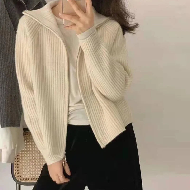 xsrrr Sweater Cardigan Women Spring New Solid Vintage All-match Elegant Zipper Loose Daily Soft Sweet Simple Casual Knitwear Chic Teen