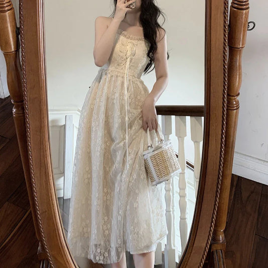 xsrrr Lace Floral Fairy Dress Women Elegant Patchwork Casual Vintage Midi Dress Summer Korean Fashion Party Dresses for Weddings