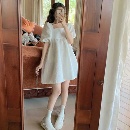 xsrrr White Puff Sleeve Princess Dress Women French Court Mini Party Sweet Dress Summer Casual Korean Wedding Evening Y2k Dress