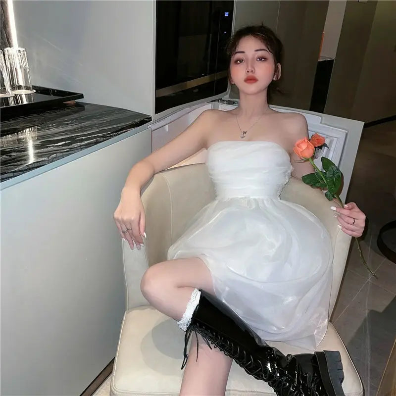 xsrrr White Mesh Mini Dress Women Sexy Strapless Korean Slim Fairy Dress Female Summer Elegant Beach Party Princess Sweet Dress