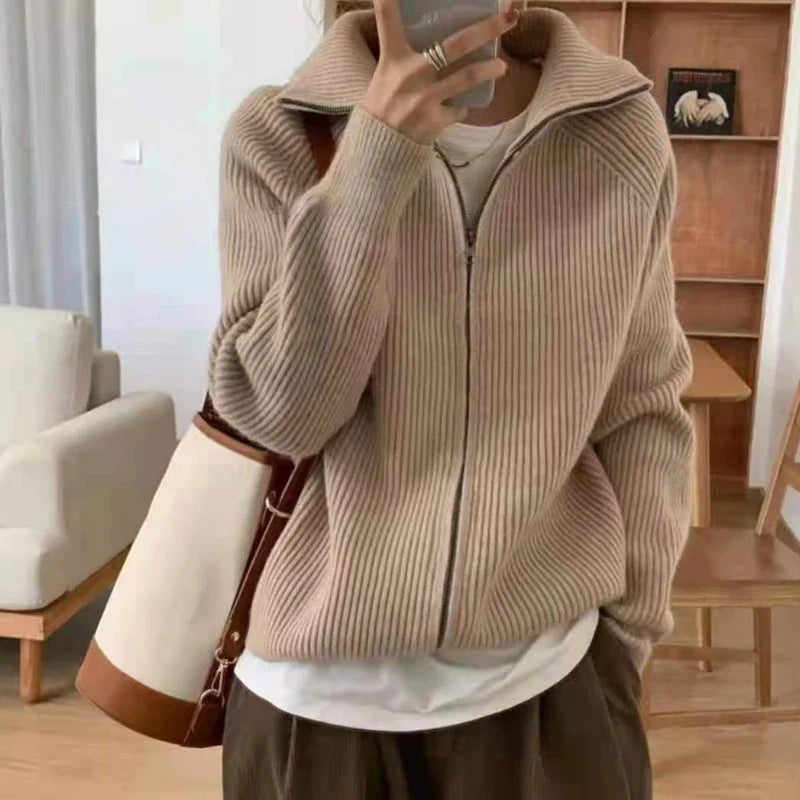 xsrrr Sweater Cardigan Women Spring New Solid Vintage All-match Elegant Zipper Loose Daily Soft Sweet Simple Casual Knitwear Chic Teen