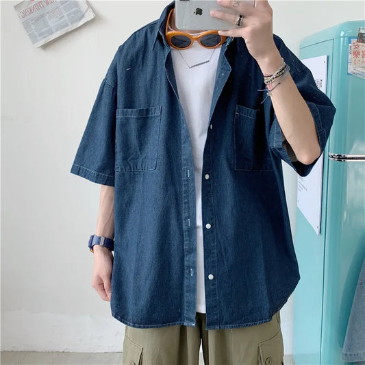 Denim Shirts Male Harajuku Denim Shirt For Men Korean Oversized Casual Streetwear Short Half Sleeve Vintage Fashion