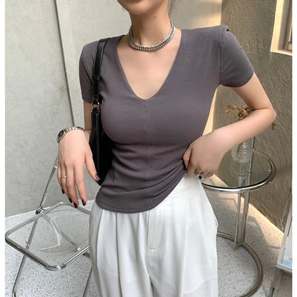 xsrrr Casual Cotton V Neck Short Sleeve T-shirt Women Fashion Shoulder Pad Solid Color Summer Slim Tees Ladies Basic Elastic Tops