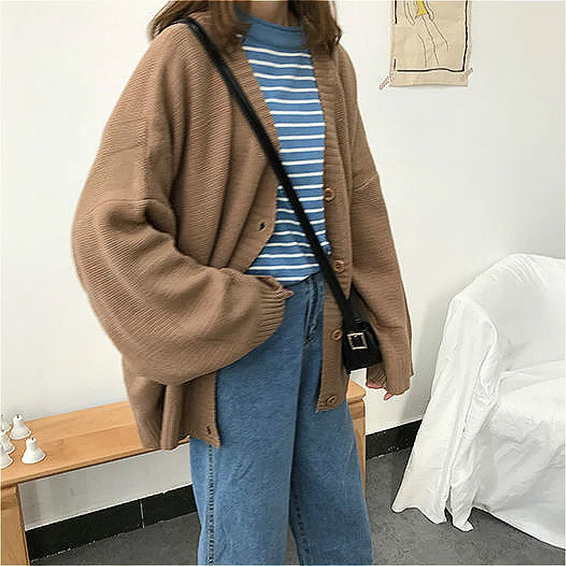 xsrrr Sweaters Women Knitting Cardigans Casual Spring V-Neck Long Sleeve Daily Solid Mujer Clothes Single Breasted Brown College