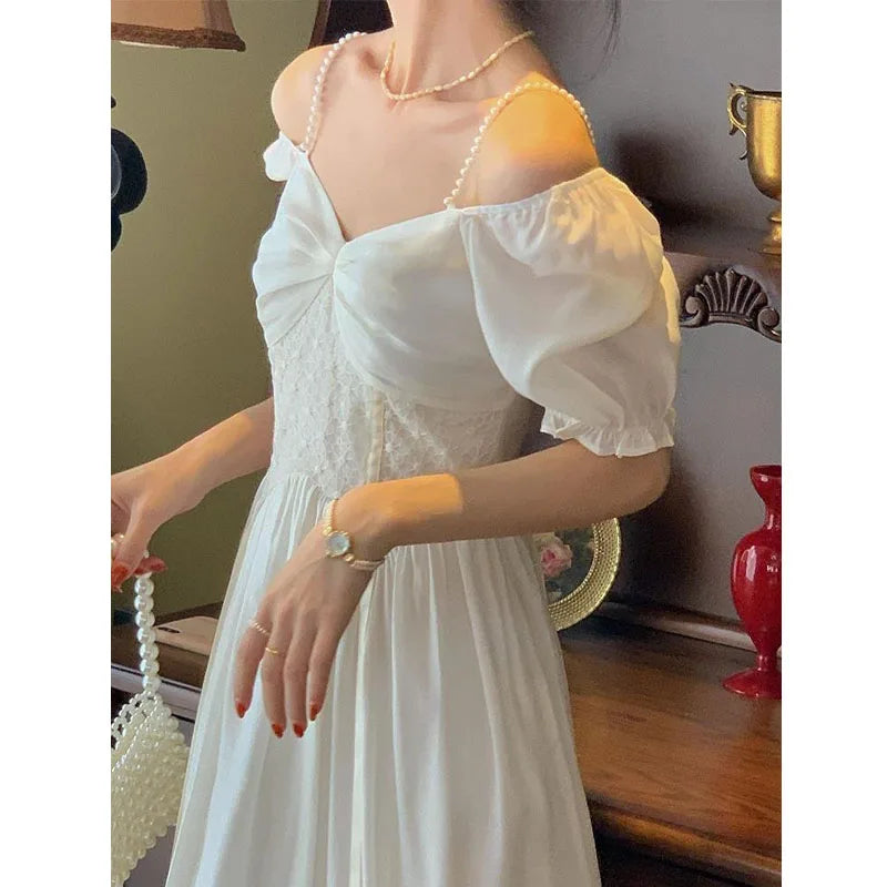 xsrrr DRESS TO IMPRESS Elegant V-neck White Dress Women Puff Sleeve Lace Party Midi Dress Femme Korean One-piece Dress Summer Women's Clothing 2024 New