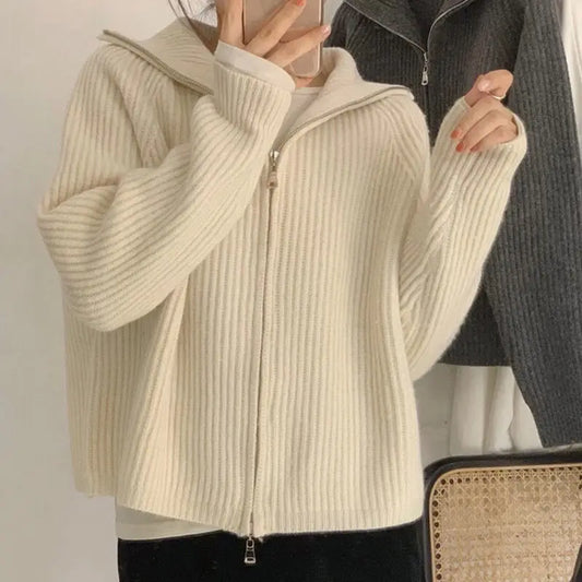 xsrrr Sweater Cardigan Women Spring New Solid Vintage All-match Elegant Zipper Loose Daily Soft Sweet Simple Casual Knitwear Chic Teen