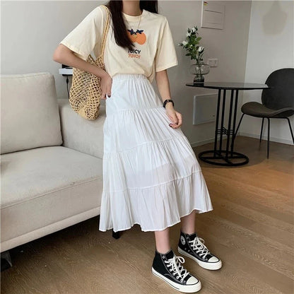 xsrrr Spring Summer Women Chiffon Skirts Vintage High Waist Elastic Patchwork White Black Chic Long Cake A-line Skirt for Student