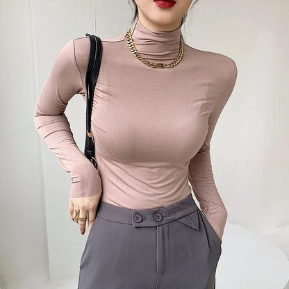 xsrrr High Collar Modal Autumn Winter Women Base Shirt Casual Solid Long Sleeve Slim Stretch T-shirt Ladies Fashion Tops