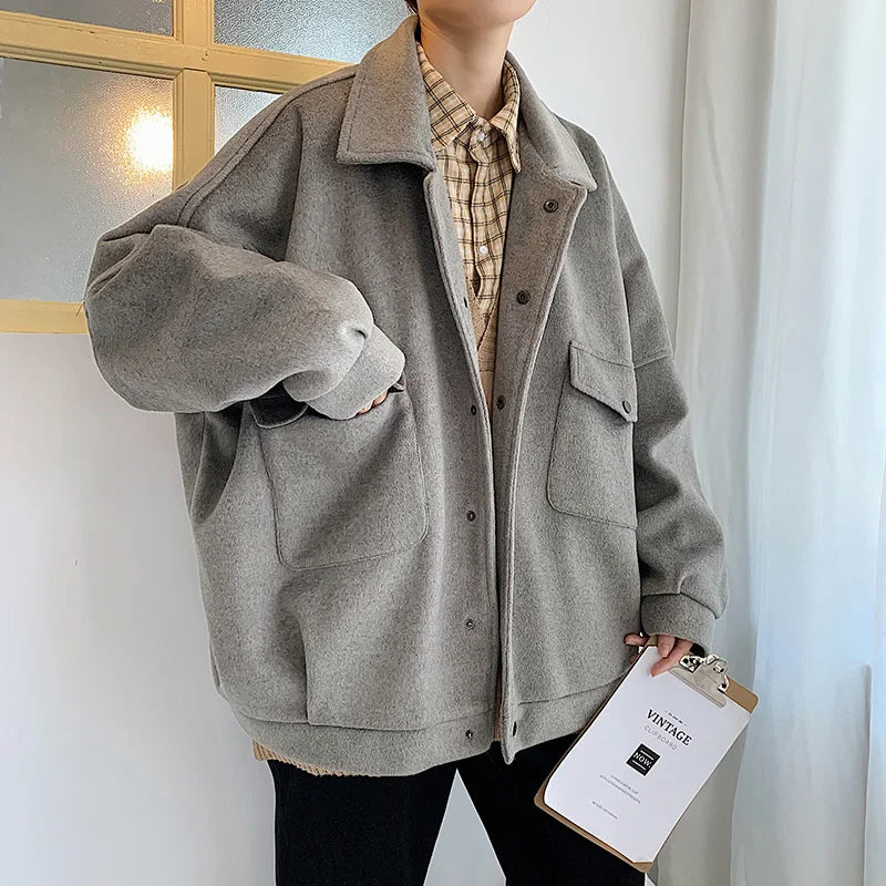 Winter Thickened Short Woolen Coat Men Warm Fashion Oversized Woolen Coat Men  Korean Loose Woolen Jacket Mens Overcoat M-3XL