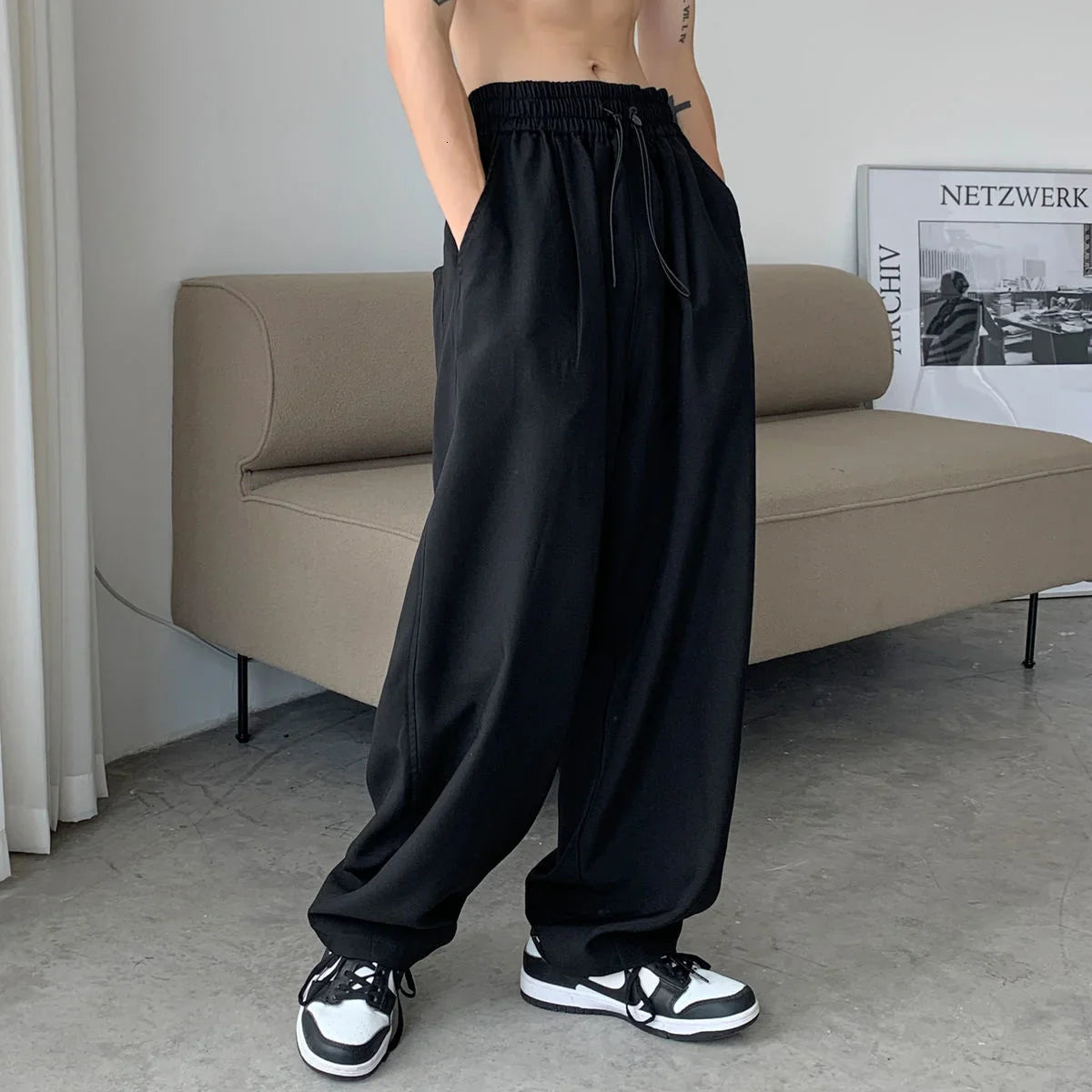 Men's Loose Casual Cargo Pants Neutral Streetwear Oversized Straight-leg Trousers Elastic Waist Jogger Sweatpants M-2XL