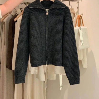 xsrrr Sweater Cardigan Women Spring New Solid Vintage All-match Elegant Zipper Loose Daily Soft Sweet Simple Casual Knitwear Chic Teen