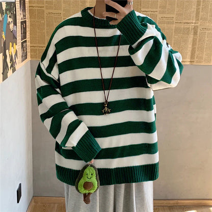 Winter Knitted Sweater Men Striped Sweaters O-Neck Pullover Male Harajuku Oversized Sweaters Women Couple Hip Hop Jumper