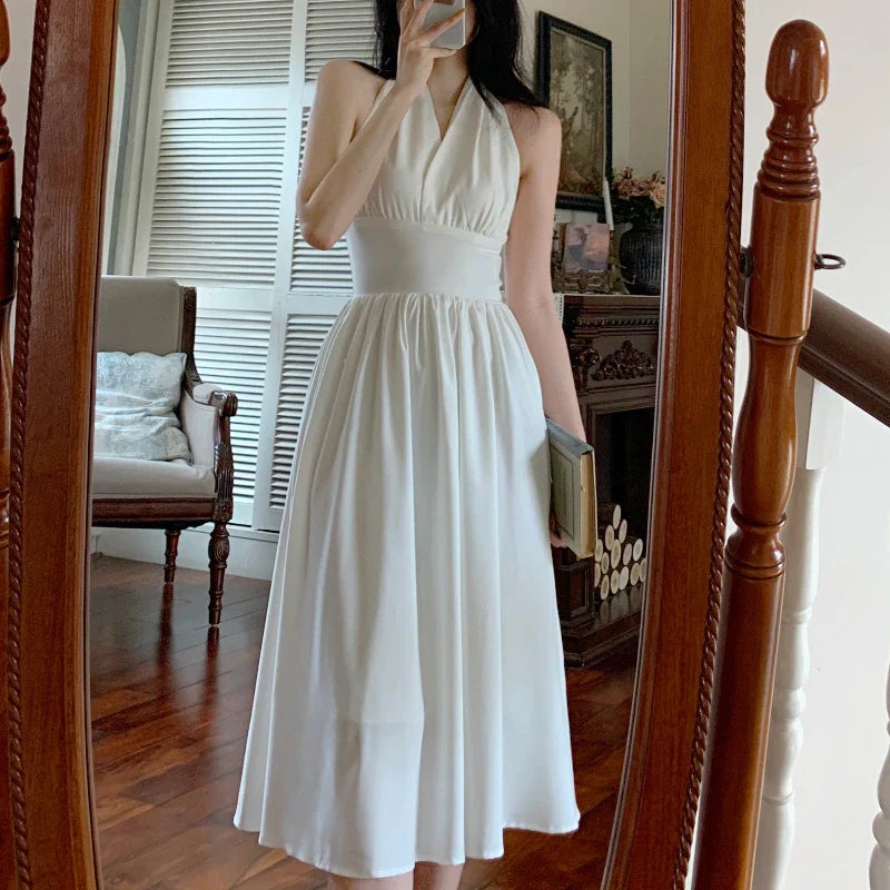 xsrrr White Elegant Halter Dress Women Sexy Backless Korean Party Midi Dress Female Sleeveless V-neck Vintage Dresses for Women