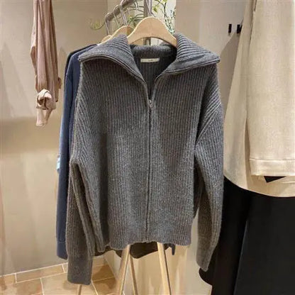 xsrrr Sweater Cardigan Women Spring New Solid Vintage All-match Elegant Zipper Loose Daily Soft Sweet Simple Casual Knitwear Chic Teen