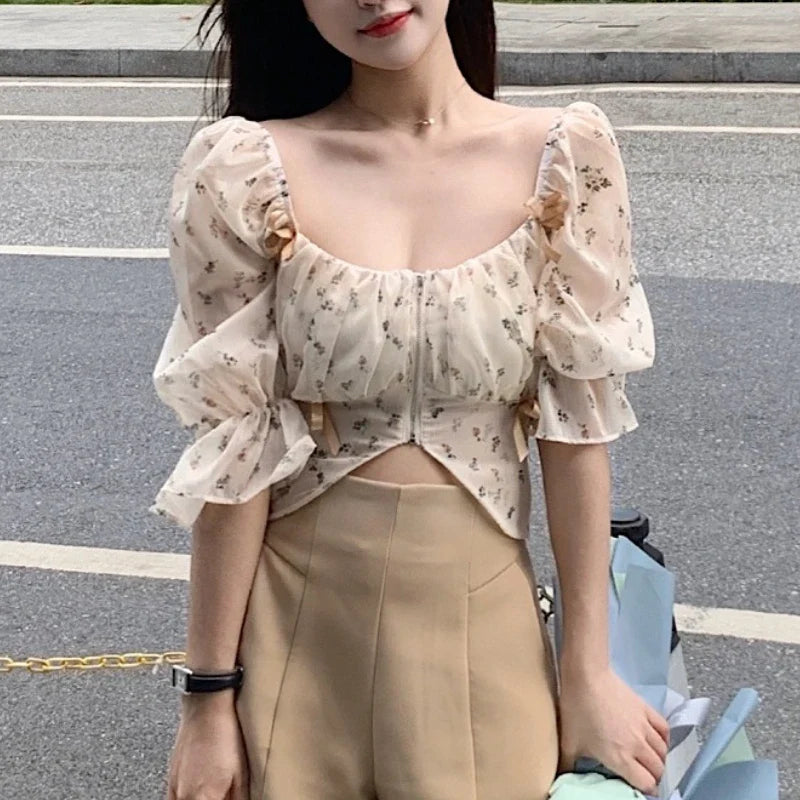 xsrrr Puff Sleeve Floral Chiffon Blouses Women Summer Short Korean Design Fairy Shirts Tops Casual Chic Evening Party Y2k Clothes