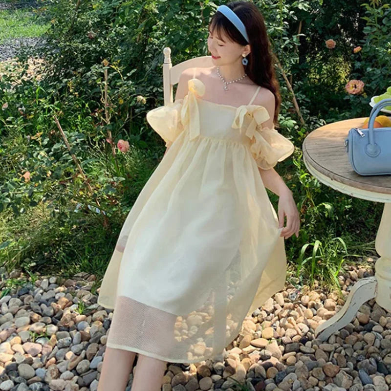 xsrrr DRESS TO IMPRESS Summer Vintage Yellow Strap Dress Women Sweet Off Shoulder Ruffle Fairy Dress Female Elegant Evening Party Ladies Dress New