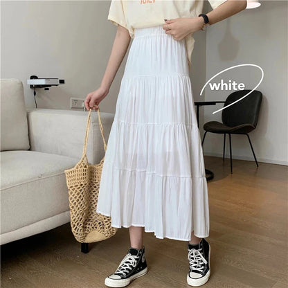 xsrrr Spring Summer Women Chiffon Skirts Vintage High Waist Elastic Patchwork White Black Chic Long Cake A-line Skirt for Student