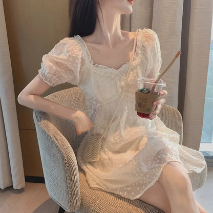 xsrrr DRESS TO IMPRESS Summer Chiffon Lace Fairy Dress Women Backless Design Puff Sleeve Party Mini Dress Female Patchwork Korean One-piece Dress