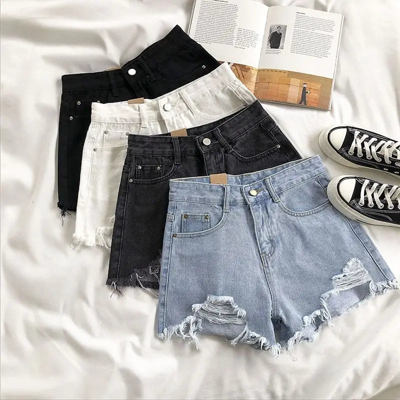 xsrrr Casual High Waist Denim Shorts Women Summer Pocket Tassel Hole Ripped jeans Short Female Femme Short Pants Women