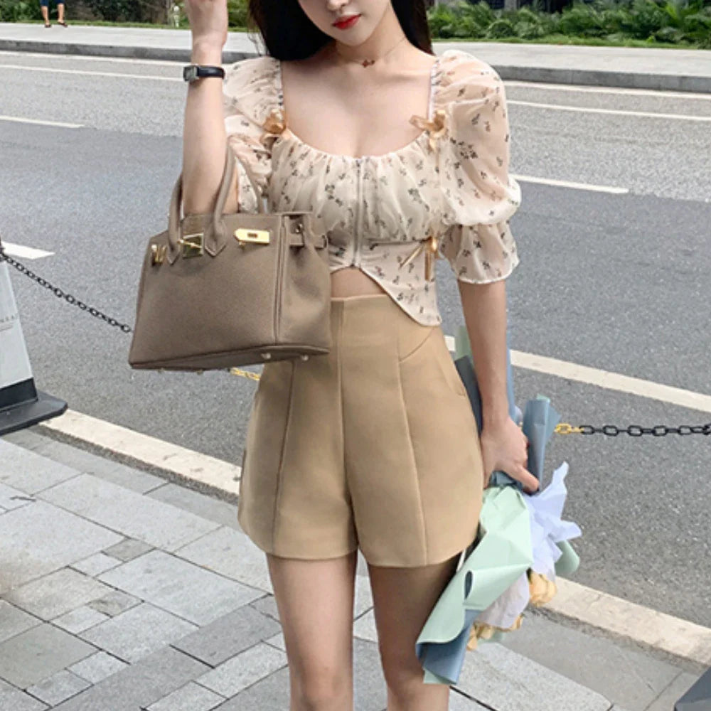 xsrrr Puff Sleeve Floral Chiffon Blouses Women Summer Short Korean Design Fairy Shirts Tops Casual Chic Evening Party Y2k Clothes