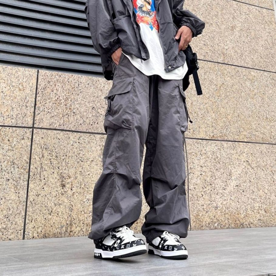 boy outfits Japanese Harajuku Style American Style Wide Leg High Street Multi-Pocket Drawstring Casual Pants Loose Oversize Overalls