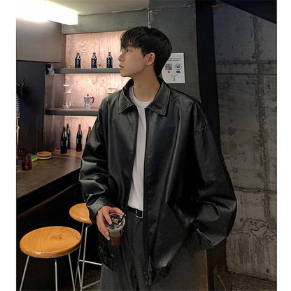 mens haircut Leather Coat Men's Autumn Loose Oversize American Retro PU Leather Jacket