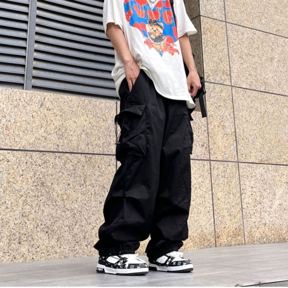 boy outfits Japanese Harajuku Style American Style Wide Leg High Street Multi-Pocket Drawstring Casual Pants Loose Oversize Overalls