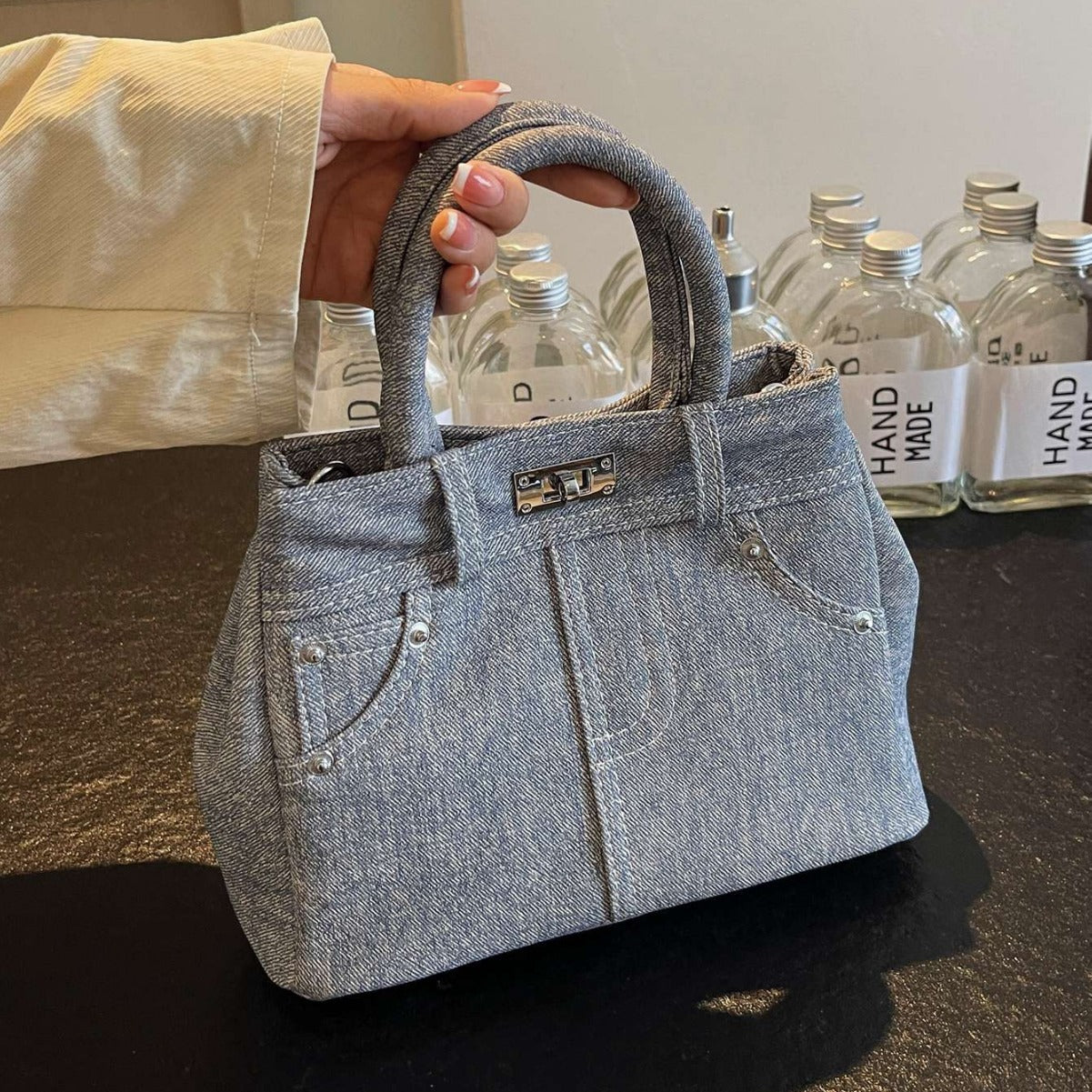 XSRRRSHOP 2025 Retro versatile washed denim handbag women's popular new niche unique messenger bag platinum shoulder bag