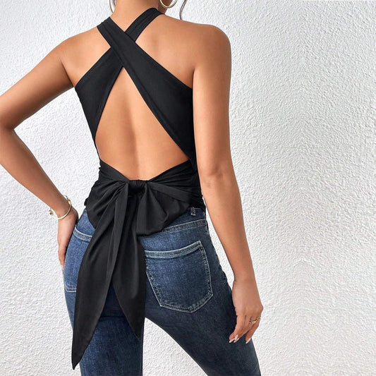 xsrrr Summer Women Tank Top Casual Sleeveless Vest Tops Open Back Knotted Design Top Backless Bowknot Design Sexy Top Tank Tops