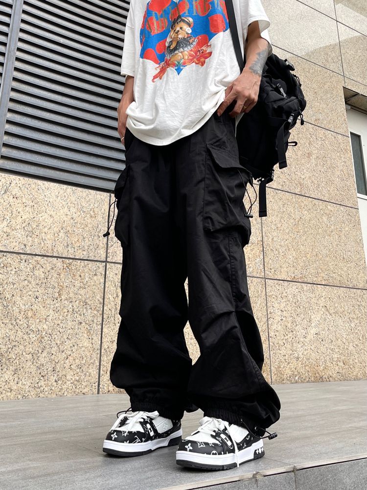 boy outfits Japanese Harajuku Style American Style Wide Leg High Street Multi-Pocket Drawstring Casual Pants Loose Oversize Overalls