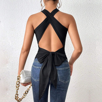 xsrrr Summer Women Tank Top Casual Sleeveless Vest Tops Open Back Knotted Design Top Backless Bowknot Design Sexy Top Tank Tops