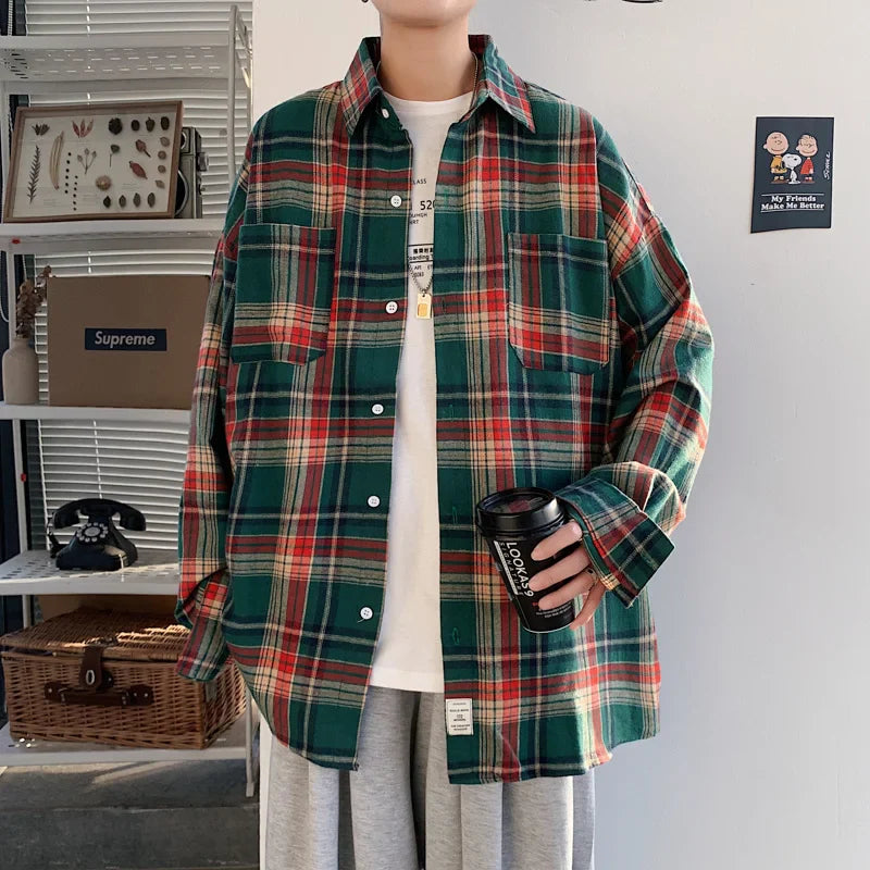 Autumn Long Sleeved Shirt Men Fashion Oversized Plaid Shirt Men Streetwear Korean Loose Casual Shirts Mens Large Size M-5XL