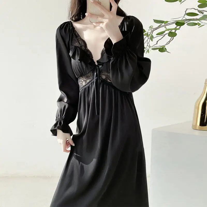 xsrrr Casual Elegant Silk V-neck Dress Women Sexy Korean Lace Patchwork Fairy Dress Long Sleeve Princess Dress Women Party Spring