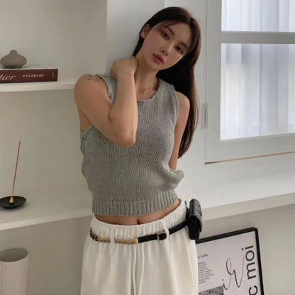 xsrrr Sweater Vests Women Backless Sexy Summer Club Style Korean Femme Solid Stretchy All-match Casual Slim Simple Crops Knitting Cozy