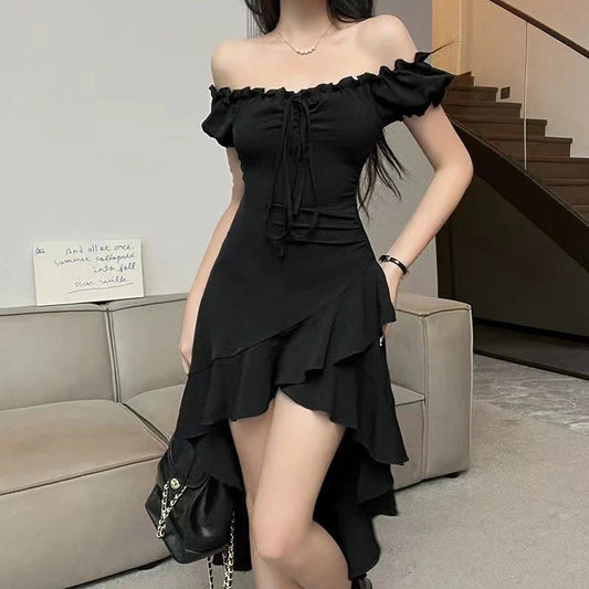 xsrrr Summer Black A-LINE Dress Women Streetwear Sexy Off Shoulder Short Sleeves Ruffled Mid Length Dresses Club Elegant Partywear