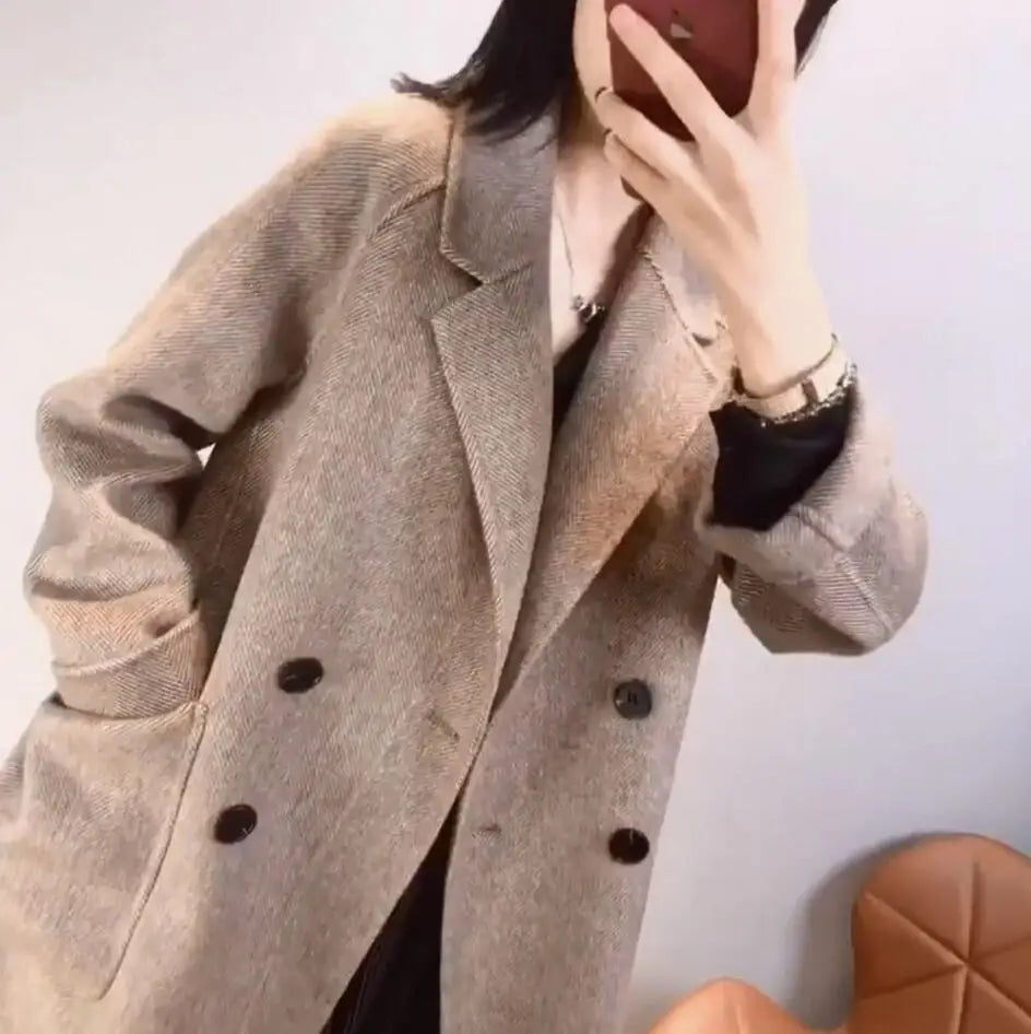 xsrrr Women's Herringbone Pattern Woolen Jacket, Imitation Cashmere Blazer, Korean Loose Thick Coat