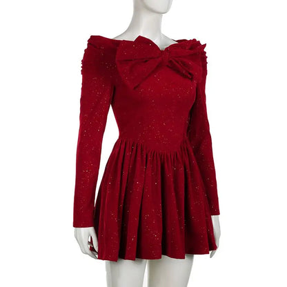 xsrrr NEW YEAR DRESS Holiday Christmas Bow Velvet A-Line Red Dress Slim Slash Neck Long Sleeve Mini Dresses For Women Autumn Winter Lady