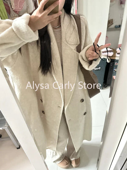 xsrrr Winter Korean Long Woollen Coat Women Double Breasted Chic Warm Loose Casual Coat Female Fashion Office Lady Trench Jackets