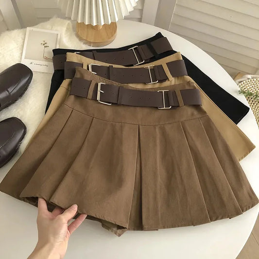 xsrrr High Waist with Belt Pleated Skirts Women Y2K Summer Korean Streetwear Mini Skirt Female Solid Preppy All Match A Line Skirt New