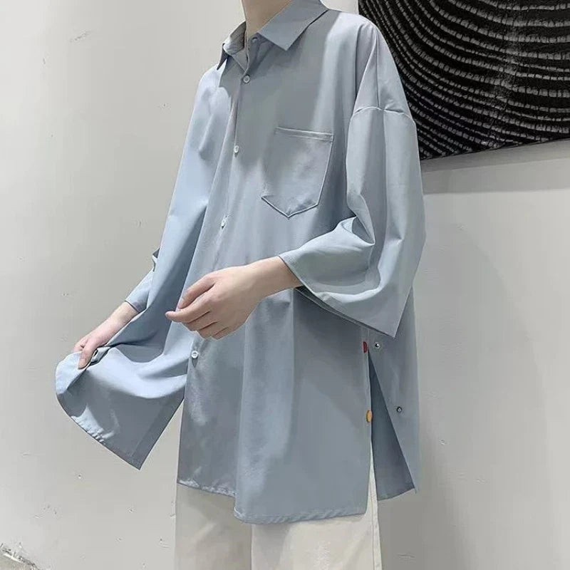 Shirts Loose Casual Long Sleeves Solid Split Versatile Shirts Trend Slim Outer Wear Thin Mens Clothes Oversize