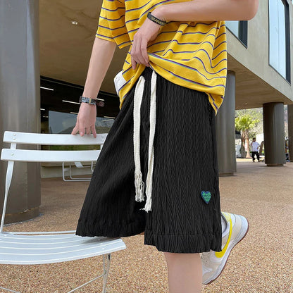 Loose Beach Shorts Thin Summer Sports Straight Wide-leg Casual Pants Oversize Green Label Solid Pleated Five-point Pants Men