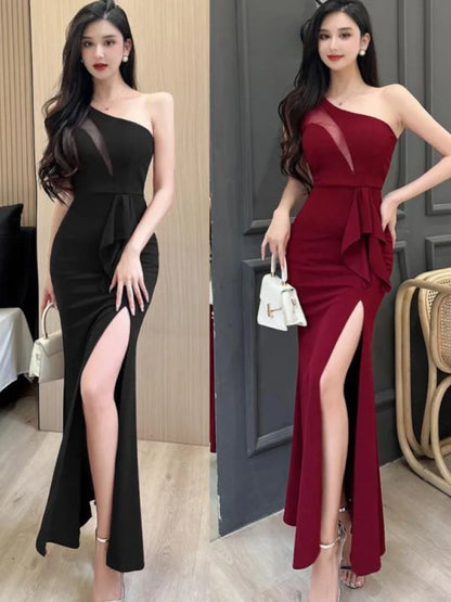 xsrrr Women Sexy Backless Slim Split Long Dress Summer Fashion Elegant Sleeveless Off Shoulder Elegant Club Party Mesh Dresses