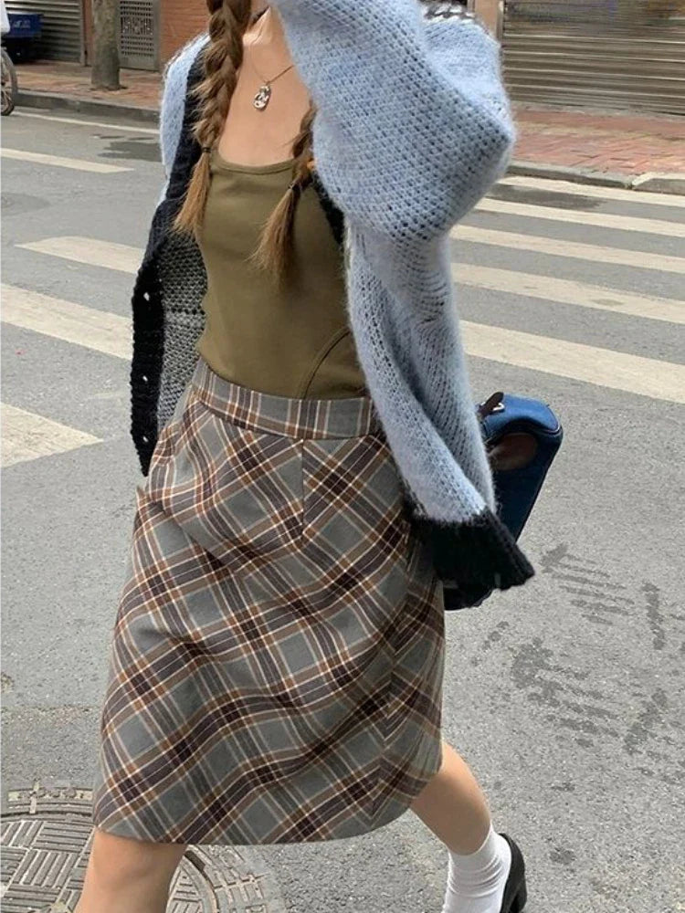 xsrrr Grey Plaid Skirts Women Autumn High Waist French Temper College A-line Skirt Faddish Simple Retro Designer Knee-length Faldas