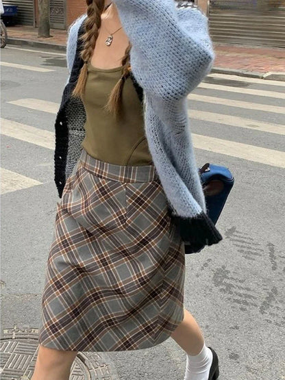 xsrrr Grey Plaid Skirts Women Autumn High Waist French Temper College A-line Skirt Faddish Simple Retro Designer Knee-length Faldas