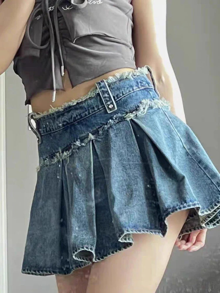 xsrrr Streetwear Pleated Skirt Denim Women Sexy Y2k Mini Skirt Summer Chic High Waist Korean Fashion Slim Aesthetic Harajuku